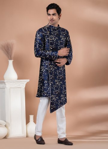 Jacquard Silk Indo Western in Navy Blue Enhanced with Embroidered