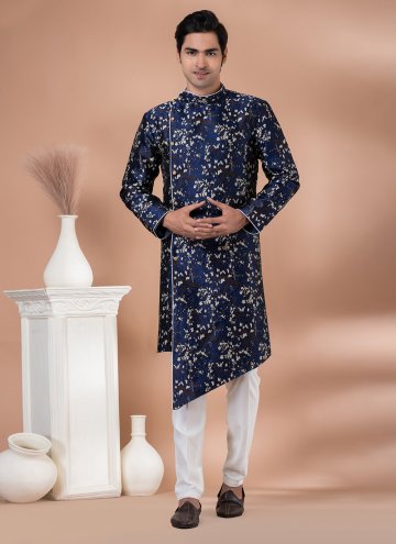 Jacquard Silk Indo Western in Navy Blue Enhanced with Embroidered
