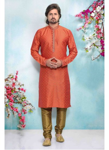 Jacquard Silk Kurta Pyjama in Orange Enhanced with Printed