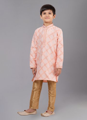 Jacquard Silk Kurta Pyjama in Peach Enhanced with Fancy work