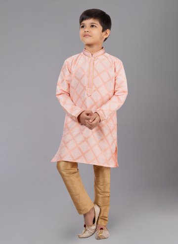 Jacquard Silk Kurta Pyjama in Peach Enhanced with Fancy work