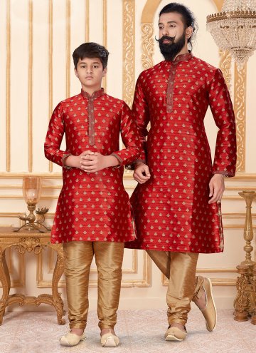 Jacquard Silk Kurta Pyjama in Red Enhanced with Booti Work
