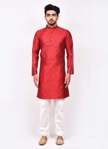 Jacquard Silk Kurta Pyjama in Red Enhanced with Fa