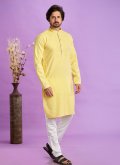 Jacquard Silk Kurta Pyjama in Yellow Enhanced with Fancy work - 1