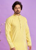 Jacquard Silk Kurta Pyjama in Yellow Enhanced with Fancy work - 2