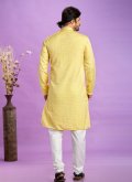 Jacquard Silk Kurta Pyjama in Yellow Enhanced with Fancy work - 3