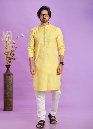 Jacquard Silk Kurta Pyjama in Yellow Enhanced with