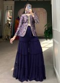 Jacquard Silk Palazzo Suit in Navy Blue Enhanced with Woven - 2