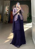 Jacquard Silk Palazzo Suit in Navy Blue Enhanced with Woven - 3