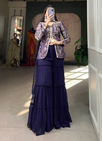 Jacquard Silk Palazzo Suit in Navy Blue Enhanced with Woven