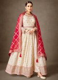 Jacquard Silk Salwar Suit in Cream Enhanced with Embroidered - 1