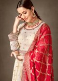 Jacquard Silk Salwar Suit in Cream Enhanced with Embroidered - 2