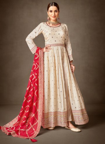 Jacquard Silk Salwar Suit in Cream Enhanced with E