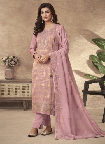 Jacquard Trendy Salwar Kameez in Pink Enhanced with Embroidered