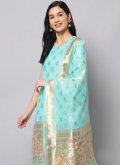 Jacquard Work Silk Aqua Blue Salwar Suit - 1