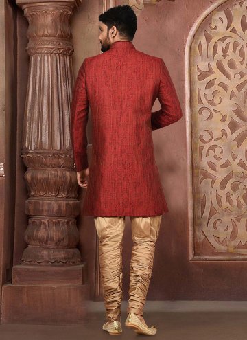 Jamawar Indo Western Sherwani in Red Enhanced with Fancy work