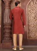 Jamawar Kurta Pyjama in Red Enhanced with Zardoshi Work - 1