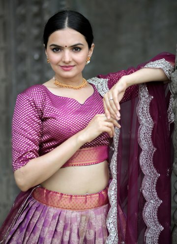 Kanjivaram Silk A Line Lehenga Choli in Purple Enhanced with Woven