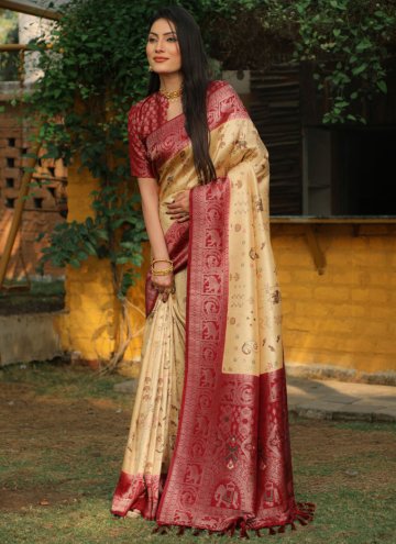 Kanjivaram Silk Classic Designer Saree in Cream Enhanced with Woven