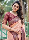 Kanjivaram Silk Classic Designer Saree in Peach Enhanced with Woven - 1