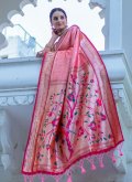 Kanjivaram Silk Contemporary Saree in Peach Enhanced with Meenakari - 1