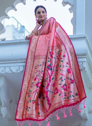 Kanjivaram Silk Contemporary Saree in Peach Enhanced with Meenakari