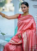 Kanjivaram Silk Contemporary Saree in Peach Enhanced with Meenakari - 2