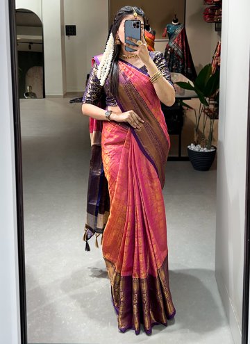 Kanjivaram Silk Contemporary Saree in Pink Enhanced with Woven