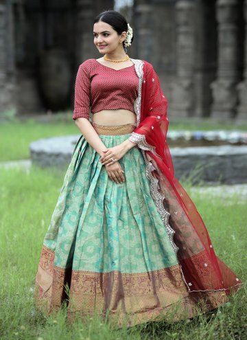 Kanjivaram Silk Designer Lehenga Choli in Green Enhanced with Woven