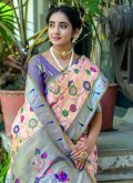 Kanjivaram Silk Designer Saree in Peach Enhanced with Meenakari - 1