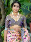 Kanjivaram Silk Designer Saree in Peach Enhanced with Meenakari - 3
