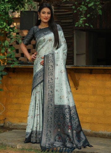 Kanjivaram Silk Trendy Saree in Teal Enhanced with Woven