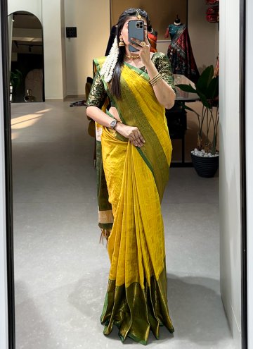 Kanjivaram Silk Trendy Saree in Yellow Enhanced with Woven