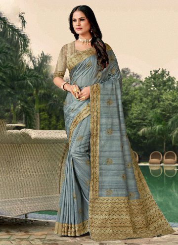 Katha Tussar Silk Blue Contemporary Saree