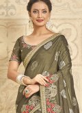 Khadi Contemporary Saree in Green Enhanced with Embroidered - 1