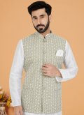 Khaki and White Kurta Payjama With Jacket in Banarasi with Fancy work - 1