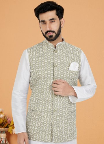 Khaki and White Kurta Payjama With Jacket in Banarasi with Fancy work
