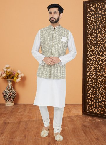 Khaki and White Kurta Payjama With Jacket in Banarasi with Fancy work