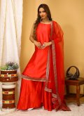 Lace Art Silk Red Palazzo Suit - 2