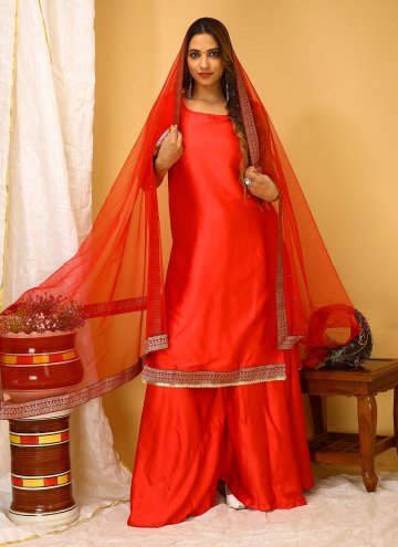 Lace Art Silk Red Palazzo Suit