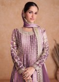 Lavender color Chinon Palazzo Suit with Embroidered - 1