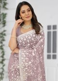 Lavender color Embroidered Net Traditional Saree - 1