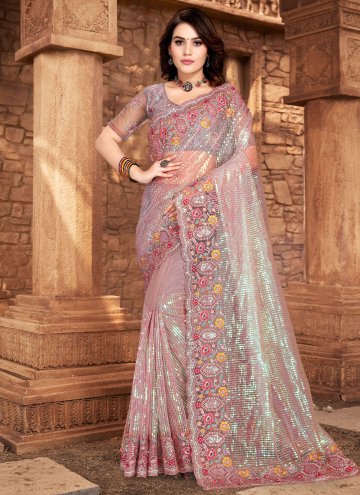 Lavender color Embroidered Net Traditional Saree