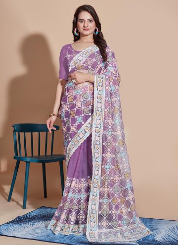 Lavender color Embroidered Net Trendy Saree