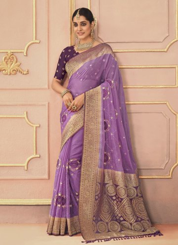 Lavender color Embroidered Silk Contemporary Saree