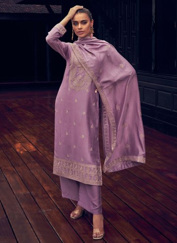 Lavender color Embroidered Silk Pakistani Suit