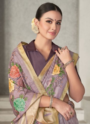 Lavender color Embroidered Tussar Silk Trendy Saree