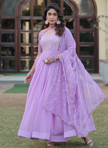Lavender color Faux Georgette Designer Gown with Embroidered