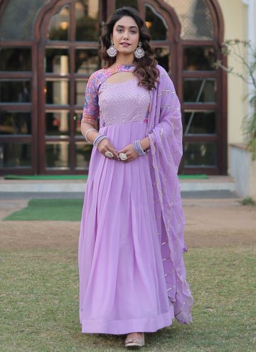 Lavender color Faux Georgette Designer Gown with Embroidered