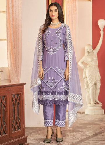 Lavender color Faux Georgette Pant Style Suit with Embroidered